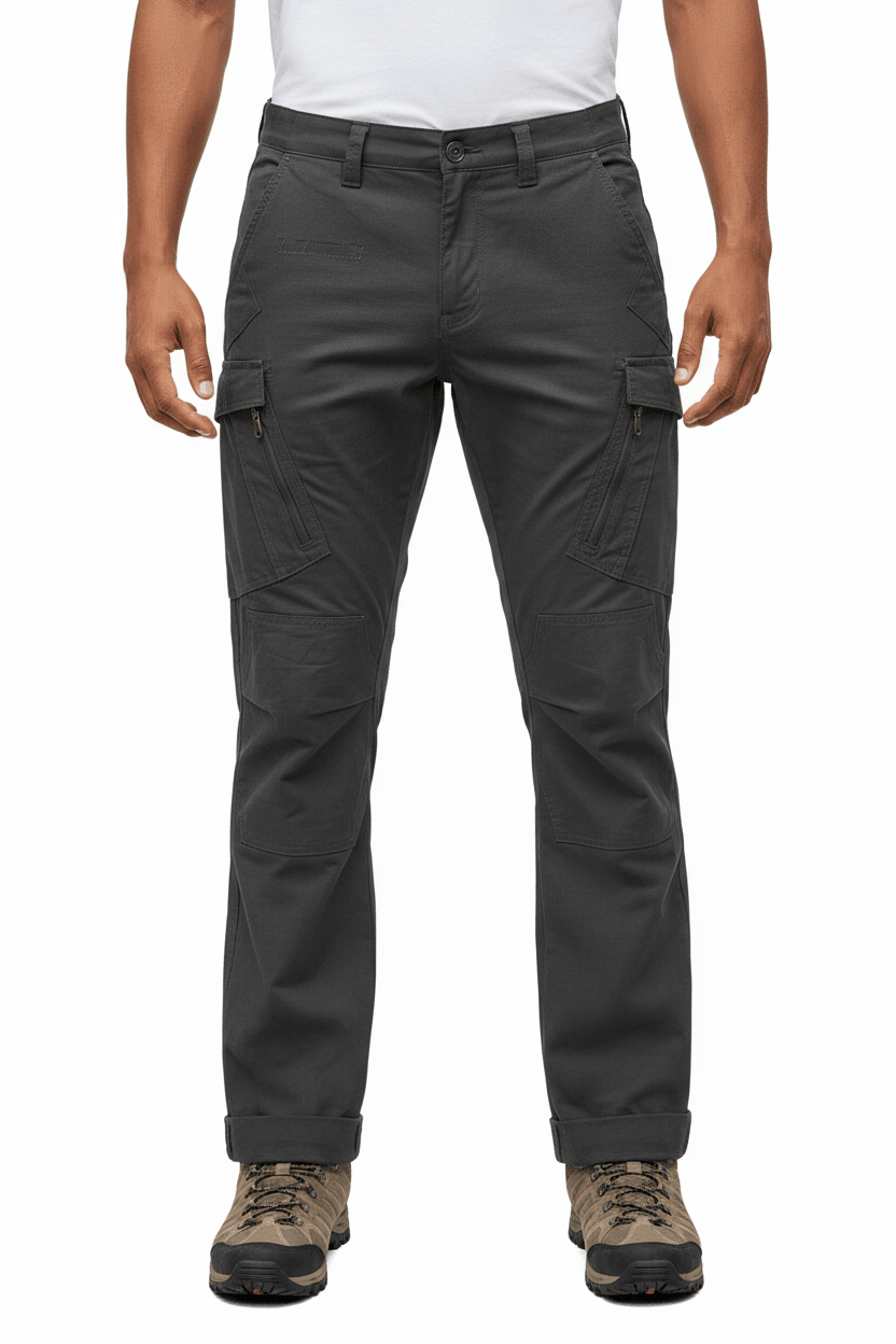 Pantalón de trekking antidesgarro ELT, resistente al agua y al viento, color gris, puesto por modelo